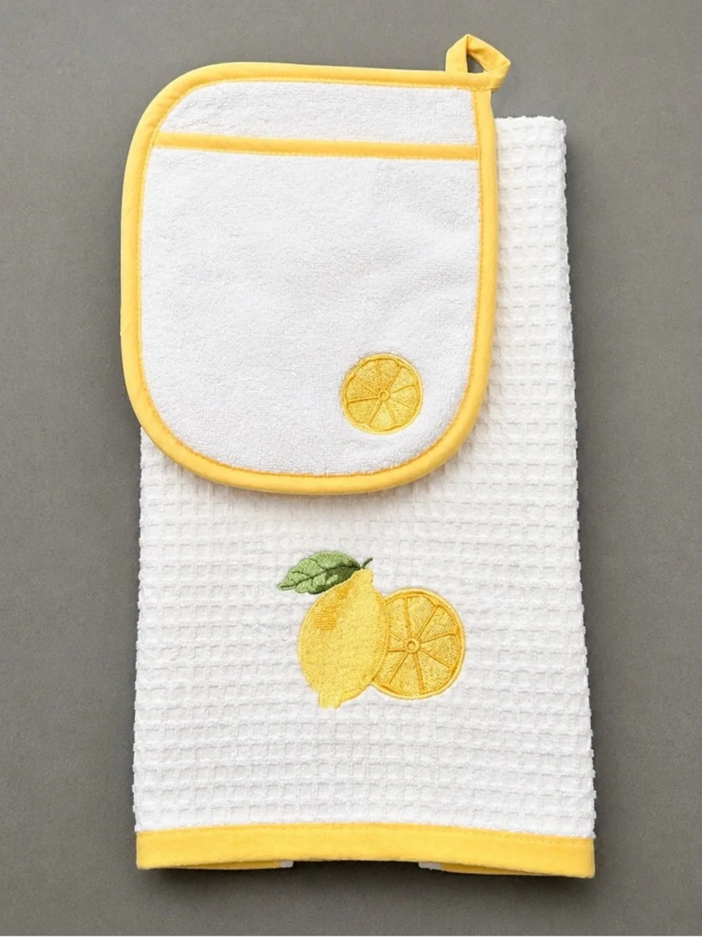 LA PATISSERIE Lemon Kitchen Towel Pot Holder Set Turkish Cotton Waffle White 2Pc